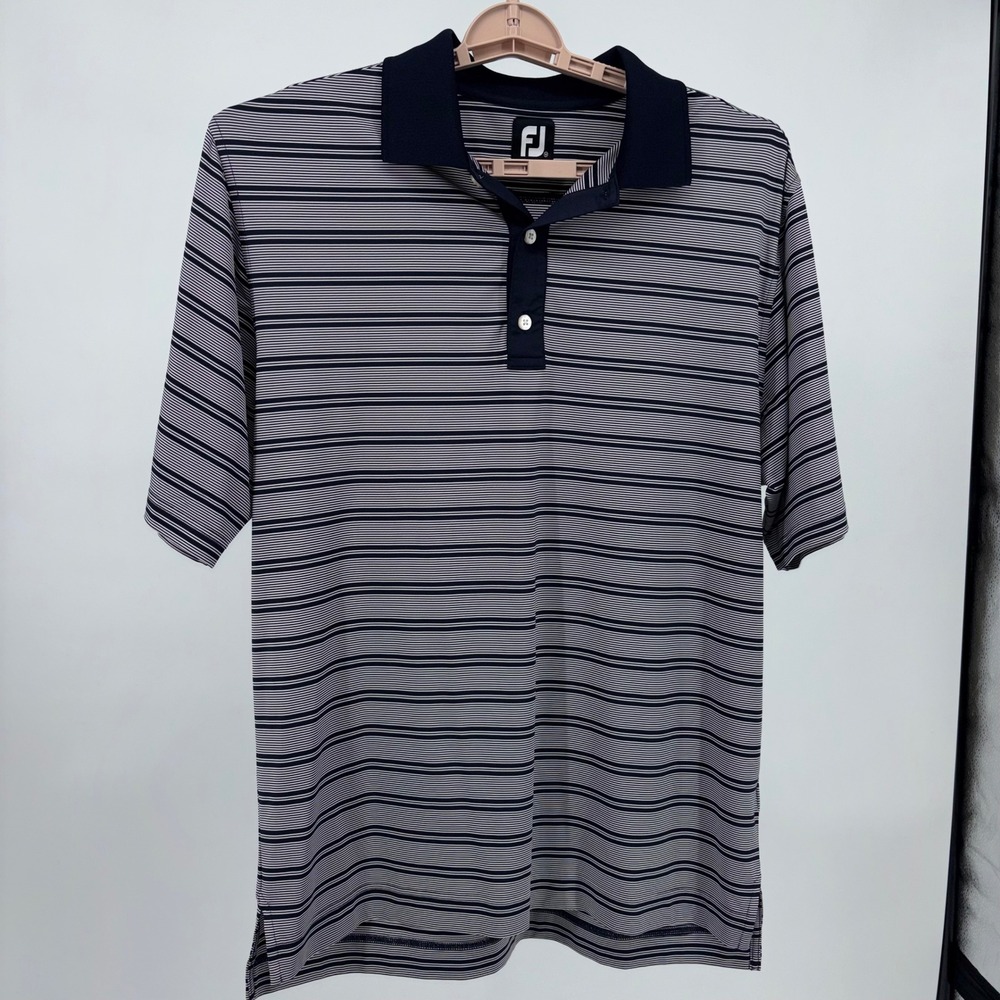 FootJoy Mens Striped Golf Polo Shirt Navy Blue White Performance Stretch S/S